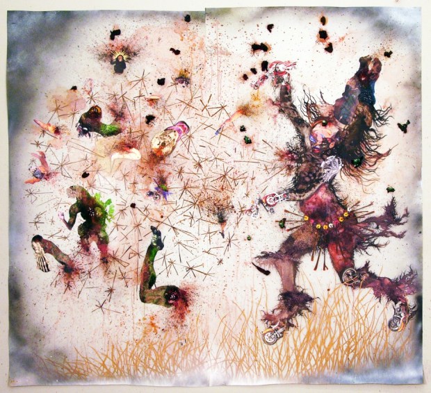 Wangechi Mutu, Try Dismantling the Little Empire Inside You, Ink, Mylar, pigment, photocollage with mixed media on Mylar and wall, 95 1/2 x 104”, 2007