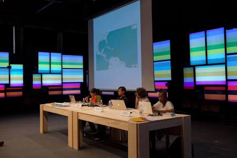 Panel on Hospitality and the Politics of Mobility. Participants from L-R: Annalee Davis, Aaron Cezar, Amilcar Packer and Koyo Kouoh. Image courtesy of Sabrina Moura