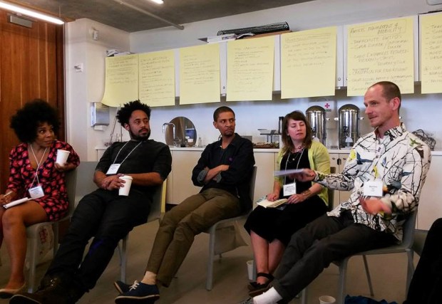 Deborah Anzinger, Jason Fitzroy Jeffers, Tumelo Mosaka, Deb Dormody and Blue Curry in a group discussion at Tilting Axis 2